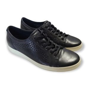 Ecco Womans Soft 7 Black Leather Perforated Sneakers